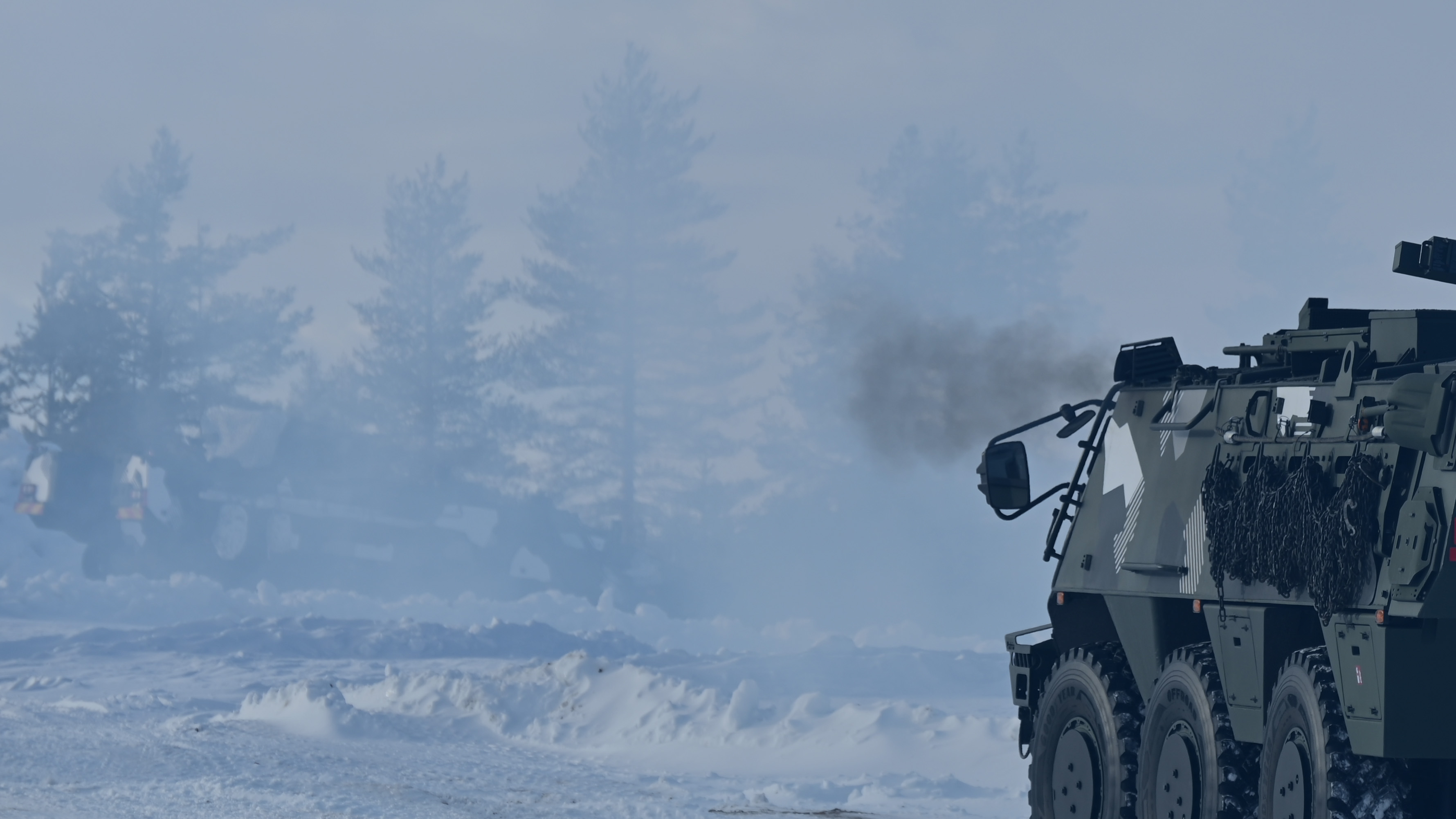 Patria's vehicle in a snowy landscape.