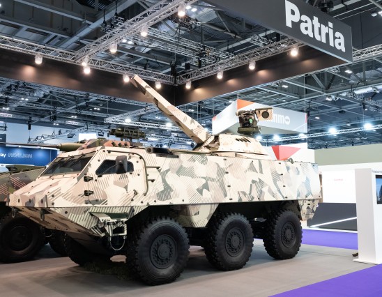 Patria 6x6 with NEMO mortar system at DSEI 2023