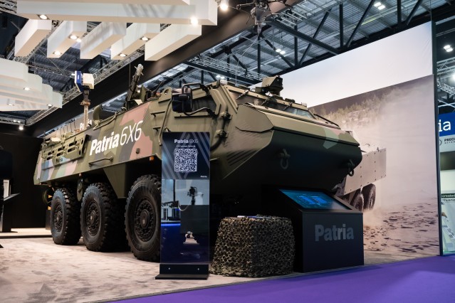 Patria 6x6 vehicle at DSEI UK exhibition.