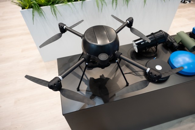 Patria SKY drone on the table at DSEI UK exhibition.