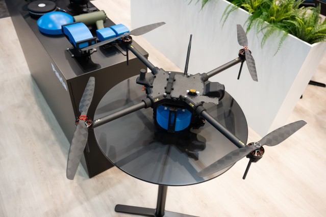 Patria ONE drone on a table at DSEI UK exhibition.
