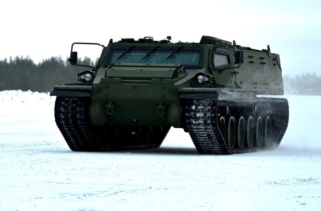 Patria two-track vehicle in winter.