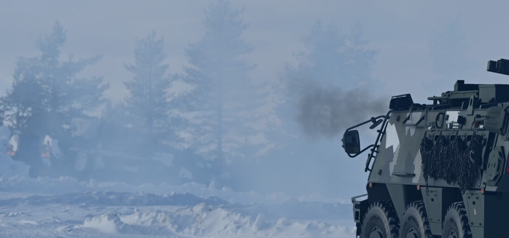 Patria's vehicle in a snowy landscape.