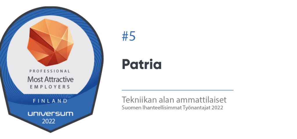 Tekniikan alan ammattilaiset nostivat Patrian viiden arvostetuimman työnantajan joukkoon Patria-Universum työnantajamielikuva 2022